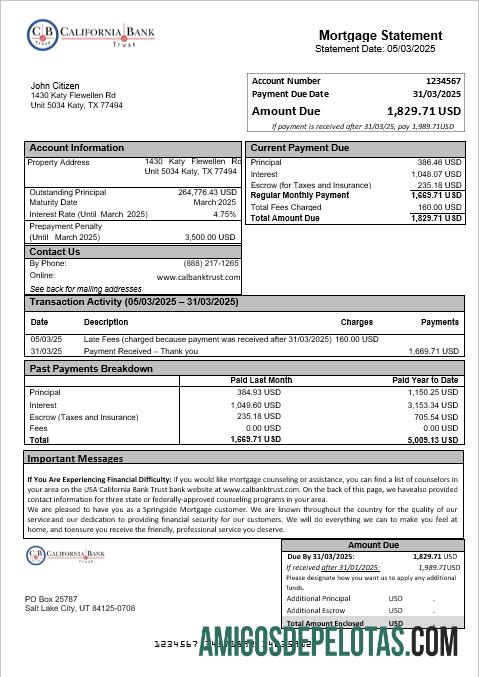 Extrato de hipoteca do USA California Bank Trust Bank em formatos Word e PDF amostra